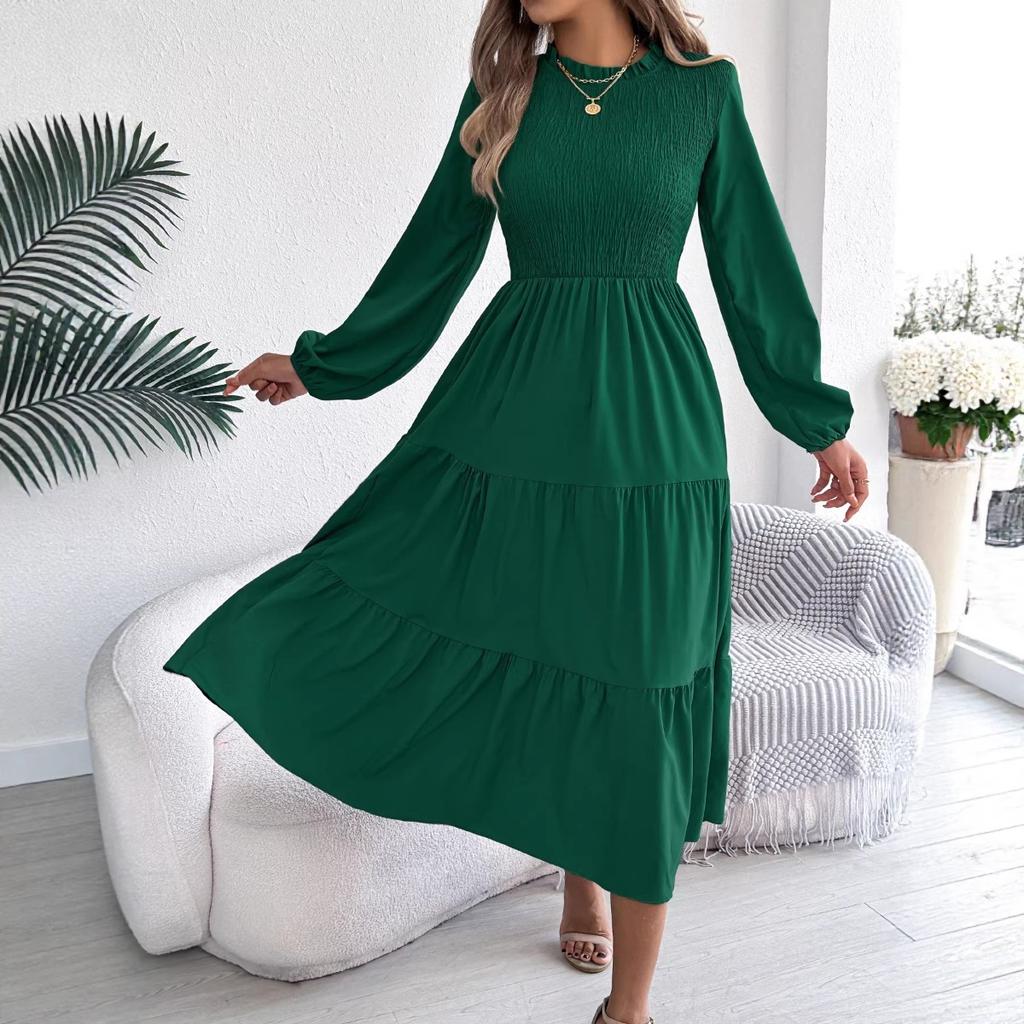 Spring Summer Women's Solid Color Long Sleeve Smocked Slim Fit Dress, Casual Fashion Women's Dress for Crossborder Outfit