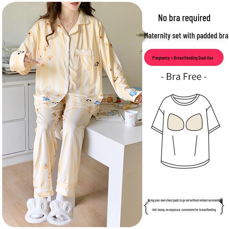 Plus Size Maternity & Postpartum Pajama Set with Breast Pads - Long Sleeve, Spring & Autumn Nursing Wear