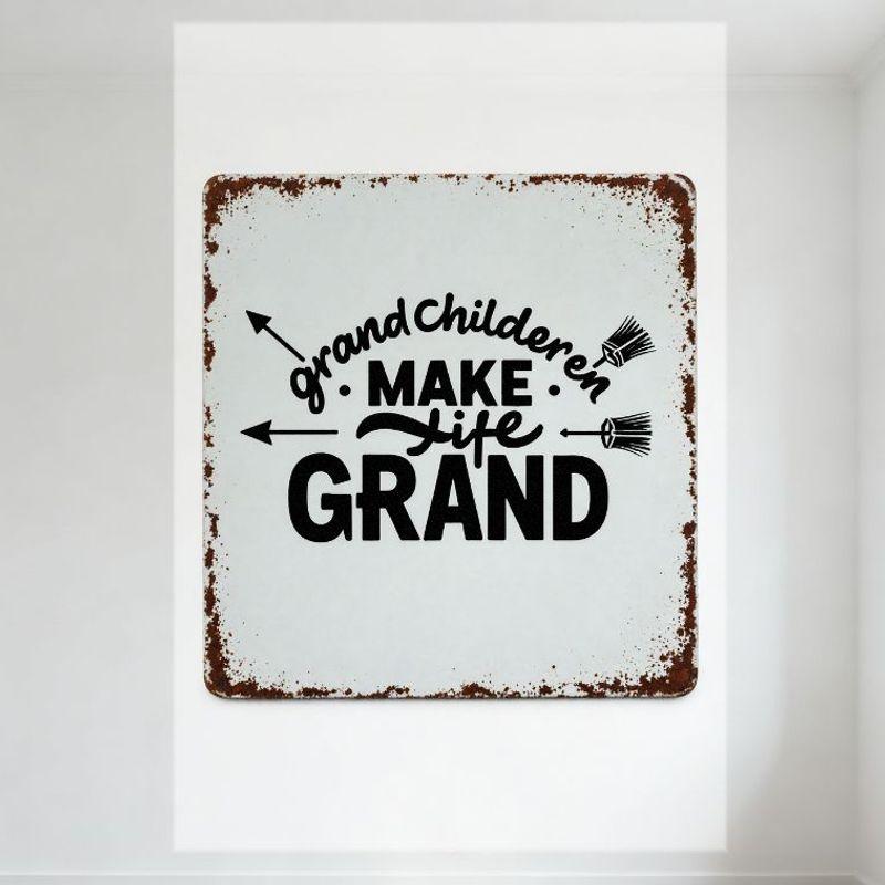 Vintage Grandchildren Make Life Grand Metal Tin Sign Rustic Home Decor with Witch Brooms Arrow Design for Cafe Bar Man Cave Wall 20x30cm(7.8x11.8inch)