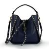 Women's Retro Rivet Cowhide Bucket Bag with Leopard Head Design
