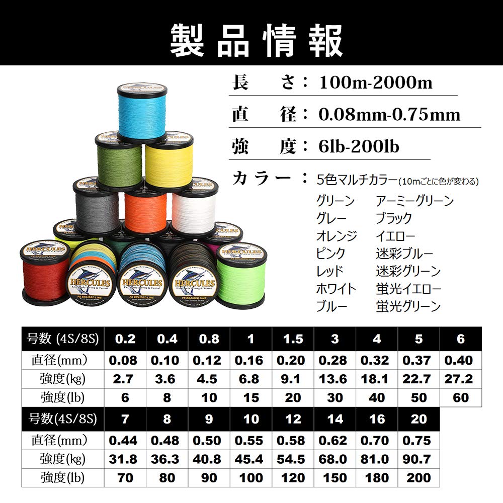 HERCULES PE Line Fishing Line 4 Strands 15 Colors Fishing