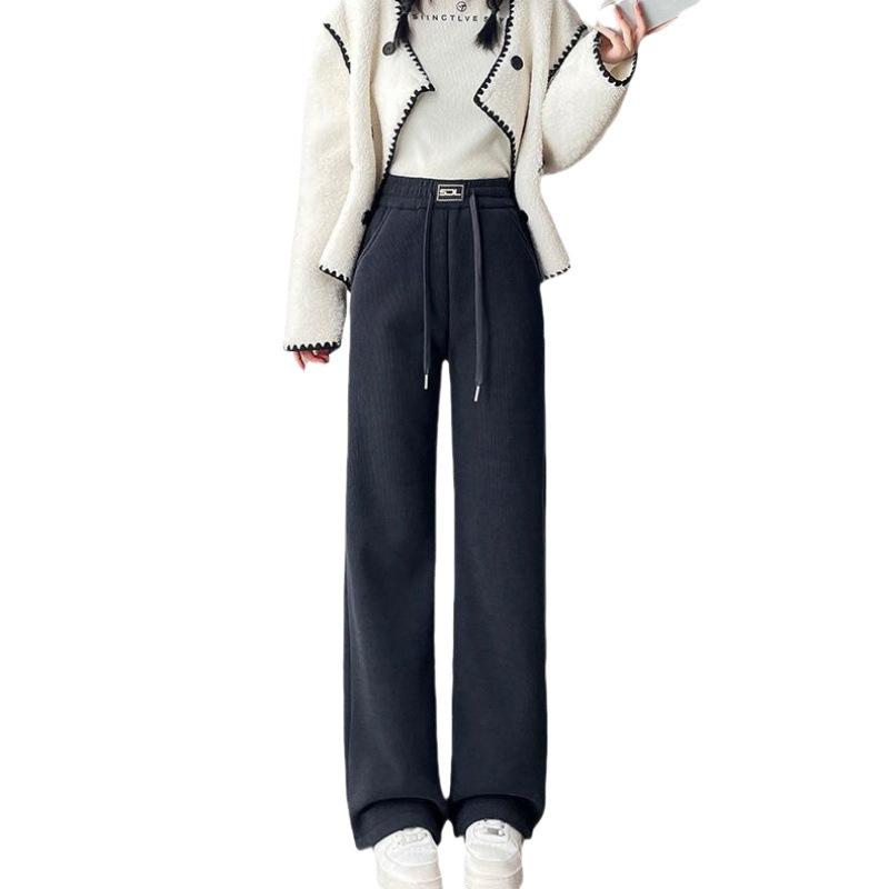 Moda damska Elegancka podszewka z polaru, wysoka talia, ciepłe, codzienne spodnie z szerokimi nogawkami, proste spodnie, jednokolorowe, długie spodnie z elastyczną talią
