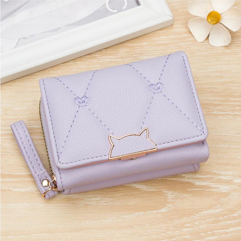 Pu Leather Short Wallet With Cat Buckle Heart Embroidery For Teen Girls Daily Use Casual Shopping