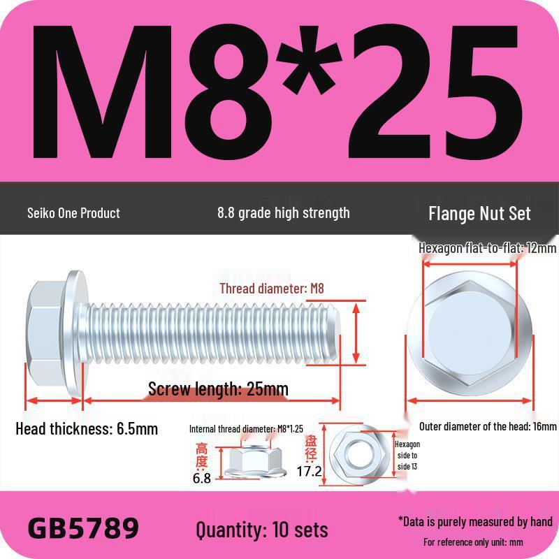 8.8 Grade Hex Flange Bolt and Nut Set with Anti-slip Washer: M5, M6, M8, M10 Assortment