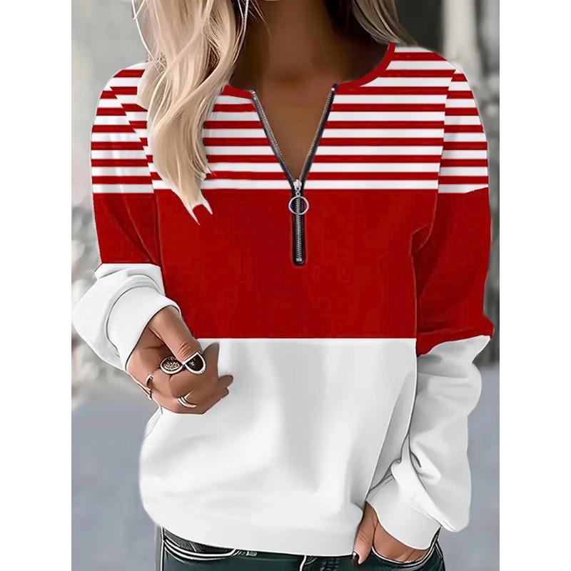 Women's Quarter-zip Pullover with Stripes, Suitable for Street Wear, Daily Use, Printed Casual Style, Round Neck, Long Sleeve,