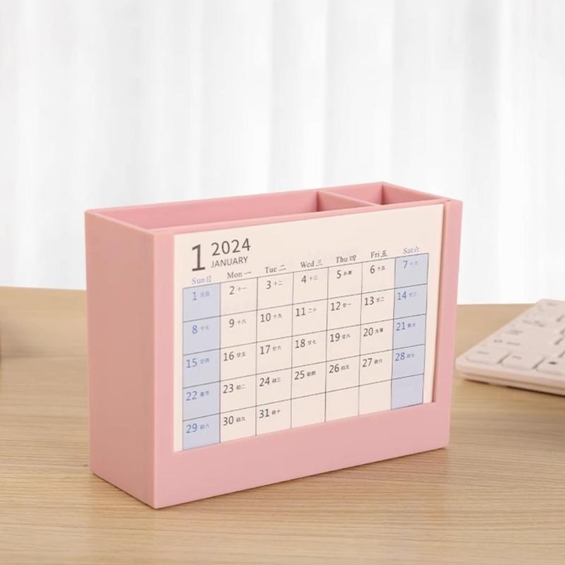 Multifunctional Desk Pencil Holder with 2024 Monthly Calendar, Office Desktop Organizer Pen Holder for Student Teacher