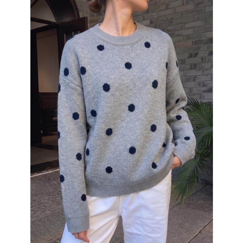 Women S Polka Dot Jacquard Knit Loose Long Sleeve Pullover Sweater