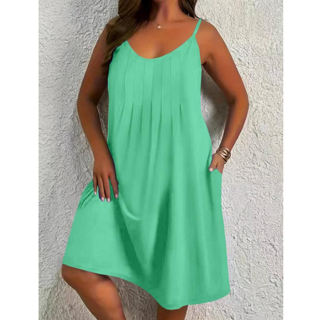 Women's Plus Size Casual Color Round Neck Sleeveless Pleated Camisole With Pocket Dress