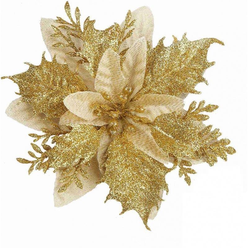 

10pcs 14cm Christmas Flower Ornaments,Pink,Red,Gold,Glitter Artifical Flowers For Christmas Tree,Xmas Decoration For Home 10pcs золотий