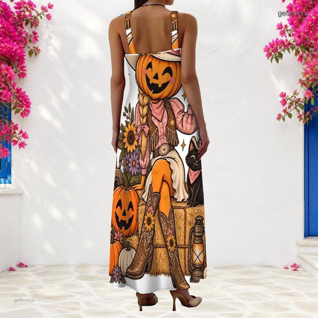 Women Plus Size Scoop Neck Strappy Sleeveless A Line Long Dress Cartoon Panda Ghost Printed White