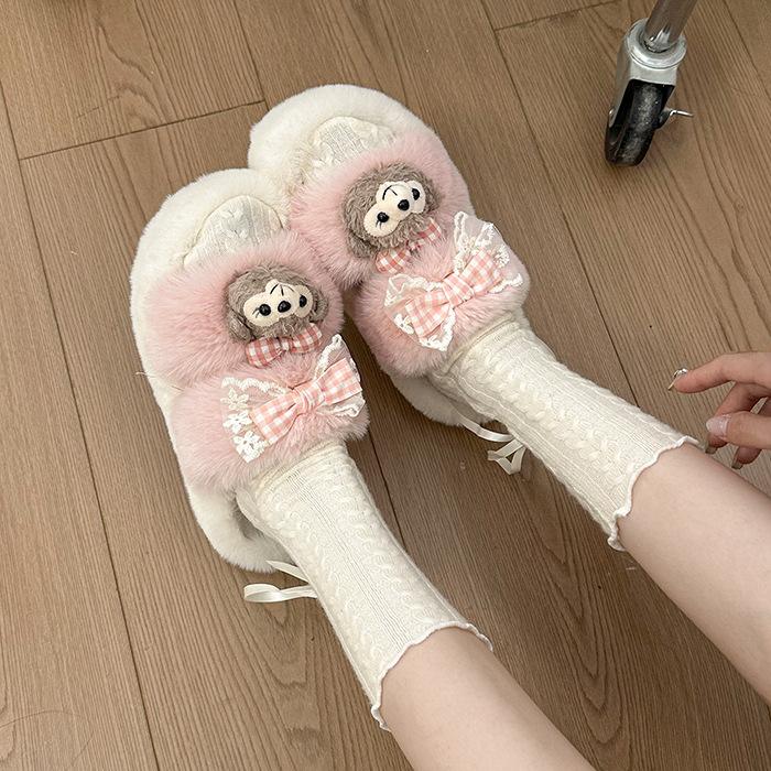 Cute Fluffy Slippers Women's Outer Wear 2025 New Home Indoor Non-slip Students Thick-bottomed Cotton Slippers