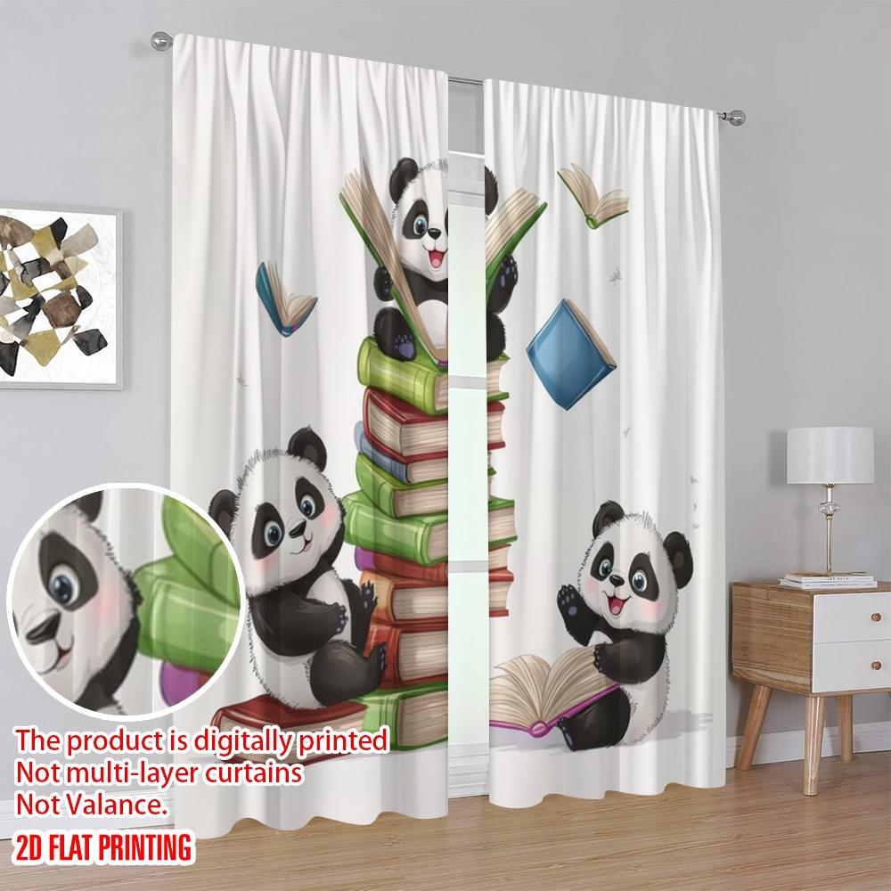 2pcs,2D plane printing Print Curtains Panda Book Club Versatile Polyester Fabric (without rod) Decorations Outdoor for Bedroom,