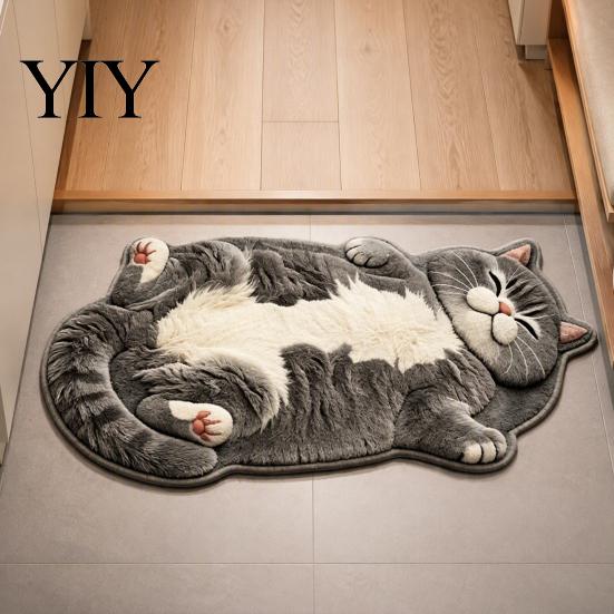Easy to Clean Bedroom Rug Cozy Cat Shaped Floor Rug, Plush Cartoon Area Mat, Soft Whimsical Pet Themed Cover Crystal Velvet Decorative for Bedside And