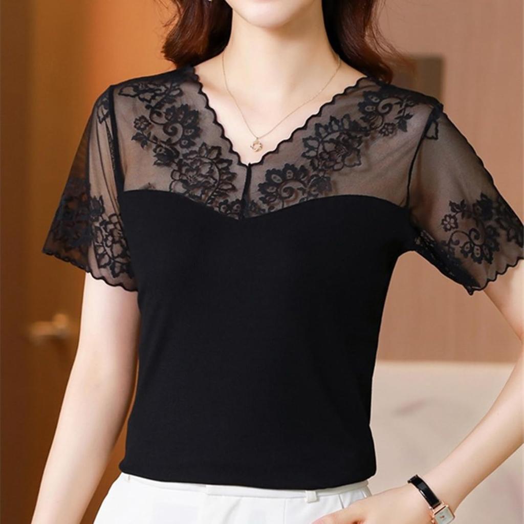 Embroidered Lace Tops for Short Sleeve Cut and Summer Everyday Going Pullover Tops Design [SYitong] Women, Black, Summer, Blouse, Sewn, Slimming,