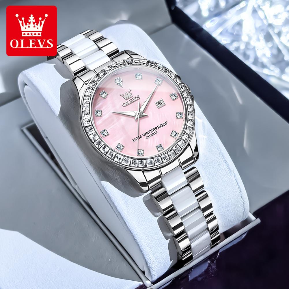 OLEVS Elegant Fashion Women's Watches Stainless Steel Ceramic Strap Original Brand Quartz Wristwatch for Lady Waterproof Date