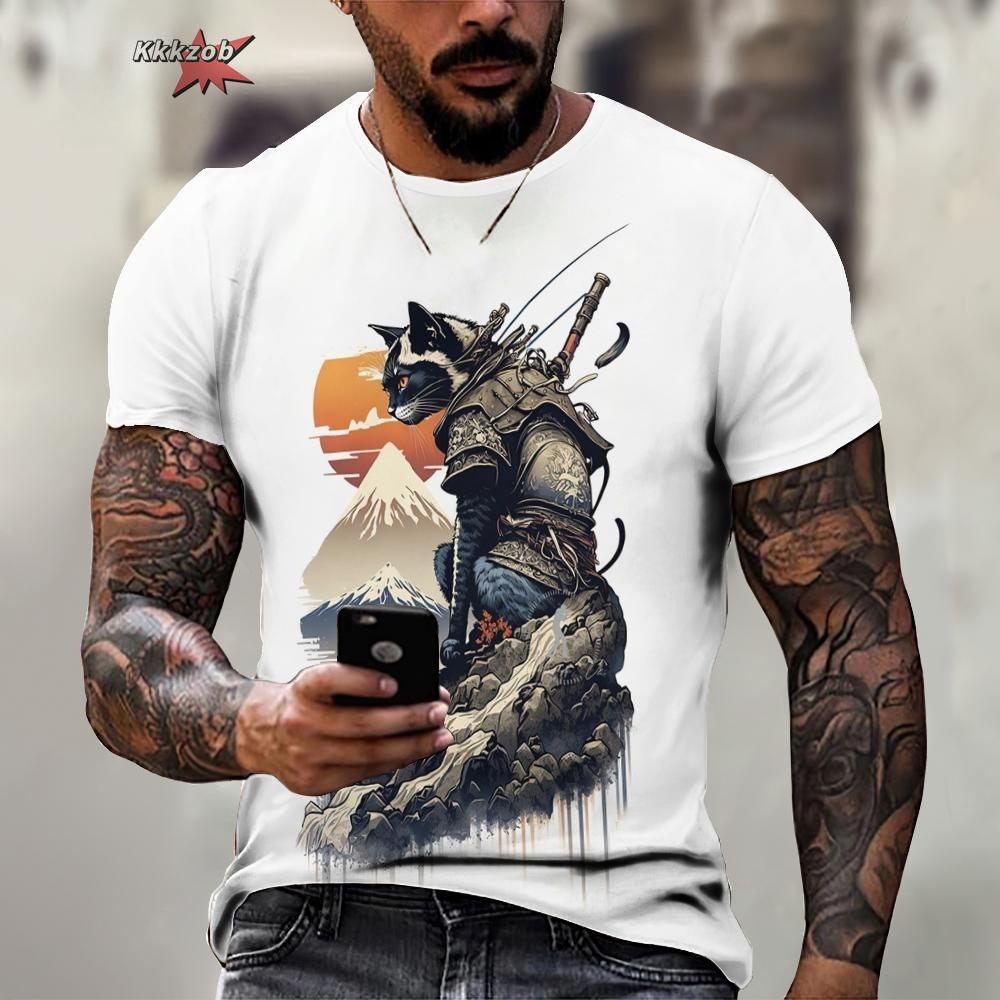 Animal Warrior Cat Print Short Sleeve Pattern Men's T-shirt 3D T-shirt Harajuku Tops Fun O Neck Pullover Summer Men's Casual Clo