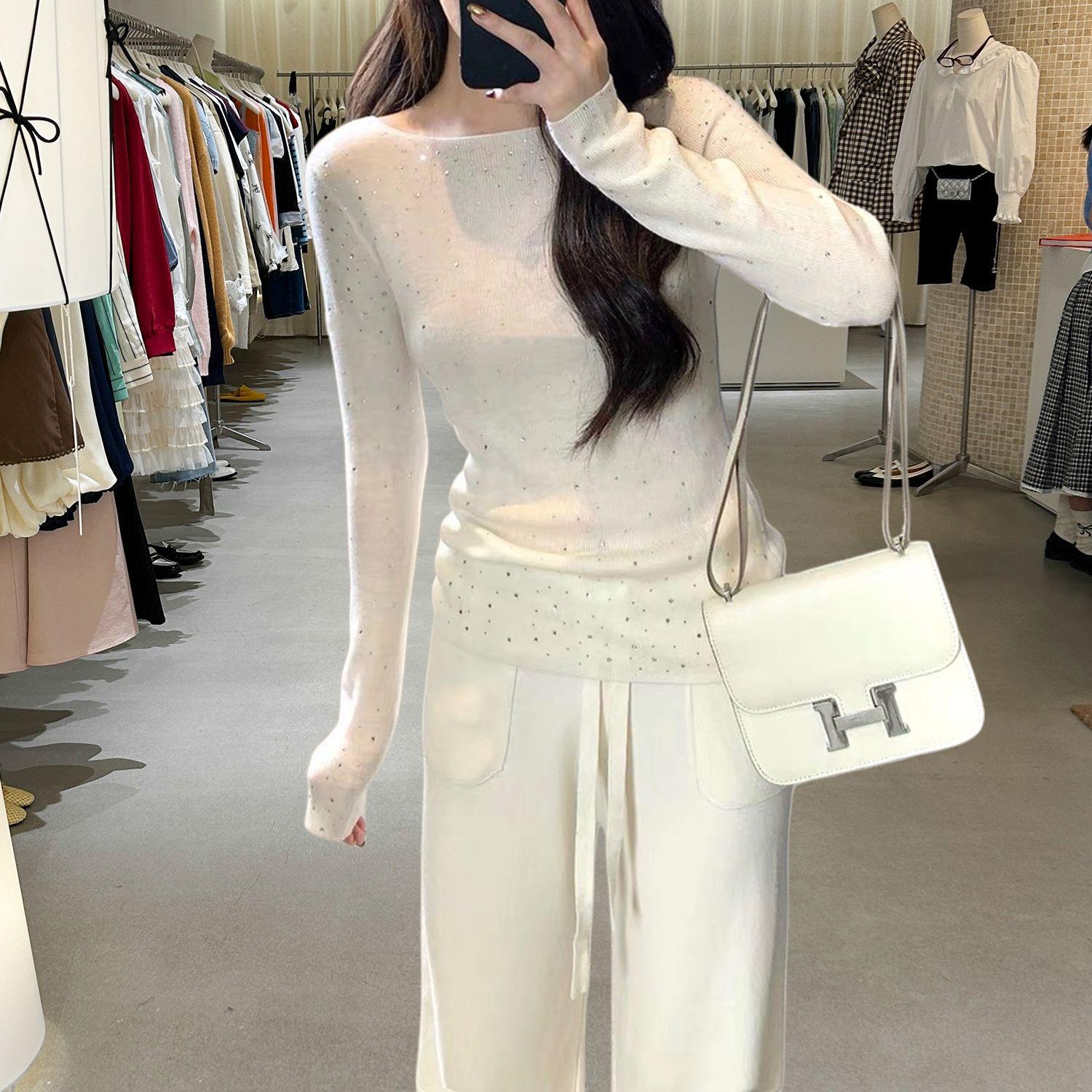 Elegant Rhinestone Knit Slim-Fit Long-Sleeve Women’s Winter 2025 Base Top One Size белый