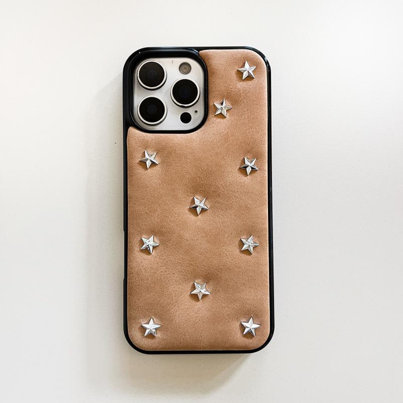 Cool Black Leather 3D Star Phone Case with Lanyard for iPhone 14/15/16 Pro/Pro Max