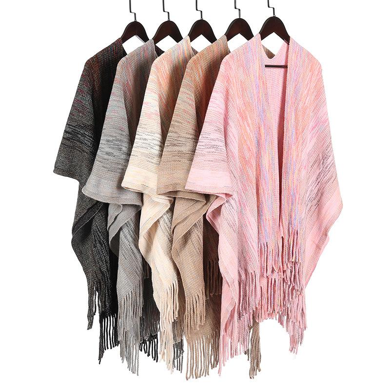 Women Gradient Space‑Dye Tassel Poncho Cape, Polyester Knit Open Front Shawl Wrap, Casual Soft Oversized Shoulder Cover Outerwear