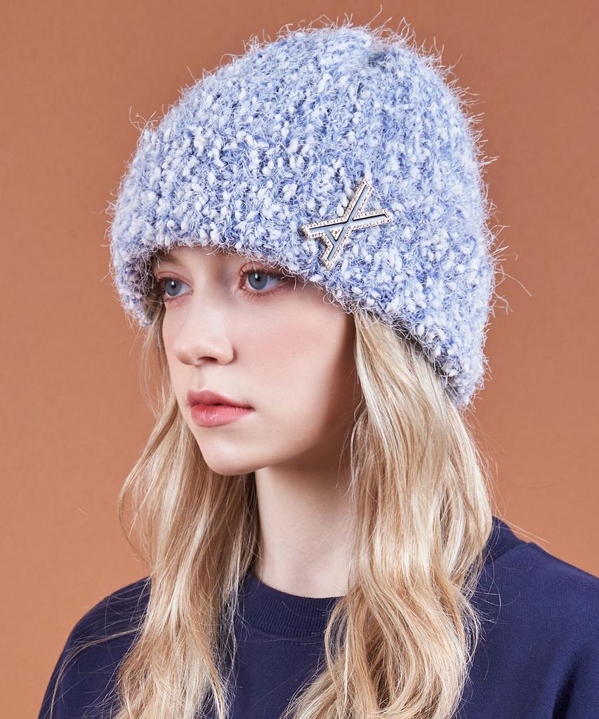 Bajal Va Brooch Heathered Knit Beanie Blue