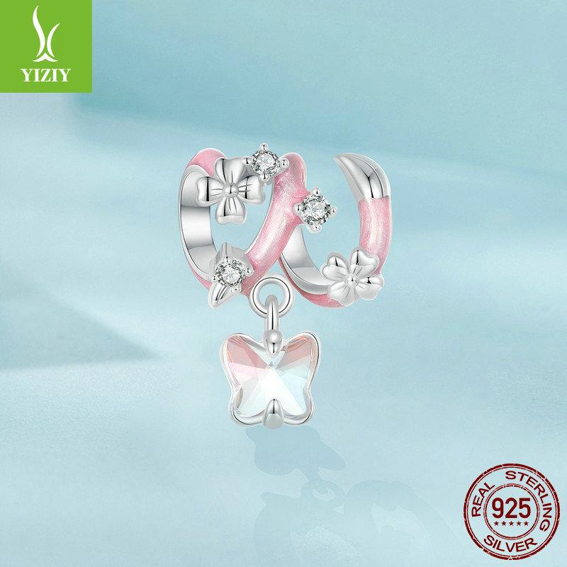 Pink Butterfly Love Flower Diy Pendant Accessories, Sweet And Elegant Butterfly S925 Sterling Silver Bracelet Beaded.
