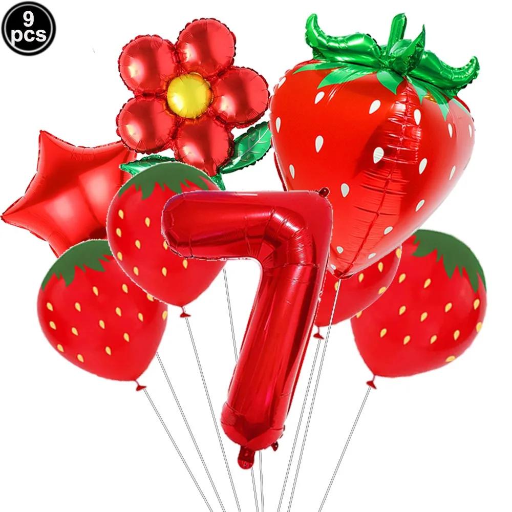 9pcs Strawberry Balloons Kits Birthday Decorations for Girls 32inch 0-9 Number Balloons for Strawberry Birthday Party Decors