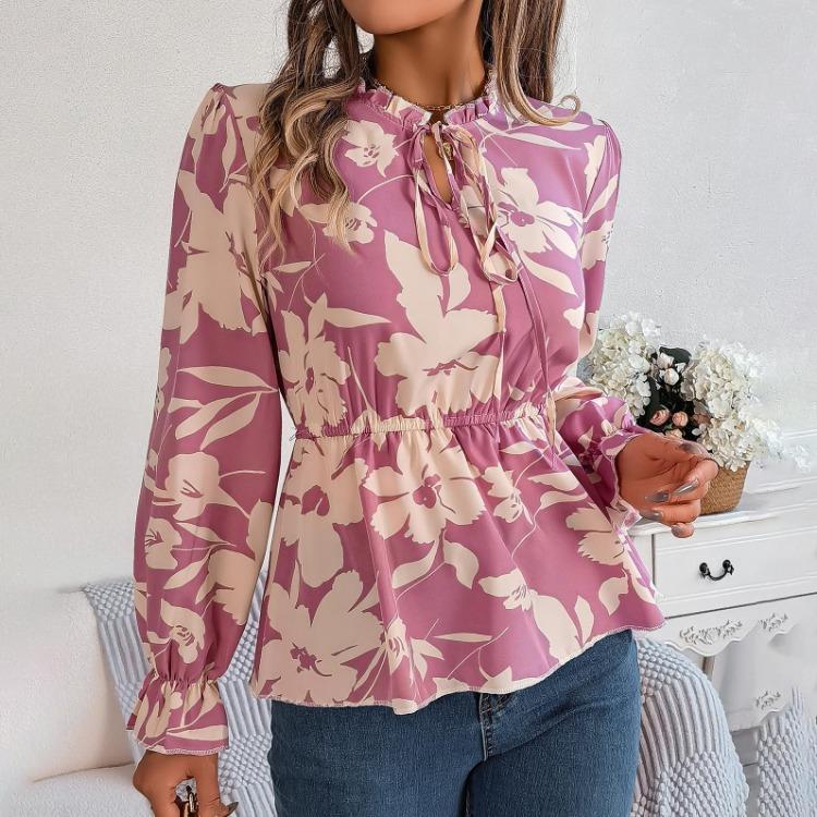 Women Long Sleeve V-Neck Blouse Feather Print Top Spring Autumn Fashion Temperament Shirt