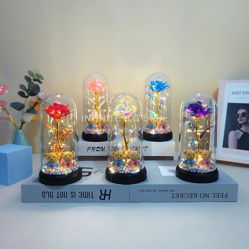 Unending Flower Glass Lamp with Plastic Enclosure Night Light, Accompanied by a Bear Gift for Girlfriend on Valentine's Day