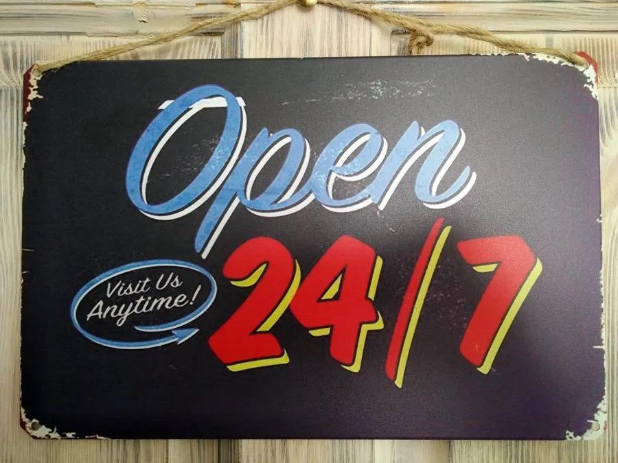 Вывеска «Открыто 24/7», Жестяная табличка, Металлическая вывеска с часами работы для магазина