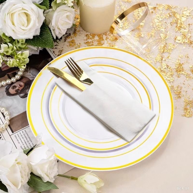 25/50PCS White Prefolded Napkins Disposable Built-in Flatware Pocket Napkins Dinner Christmas Wedding Party Cafe Events Supplies