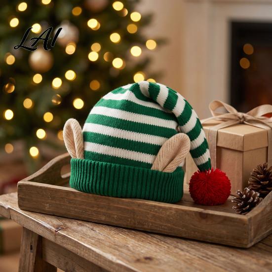 Comfortable Elastic Hat Christmas Elf Knitted Hat Ears And Fluffy Fur Ball Decor Soft Funny Cosplay Headwear Acrylic Striped Cap for Winter Festive