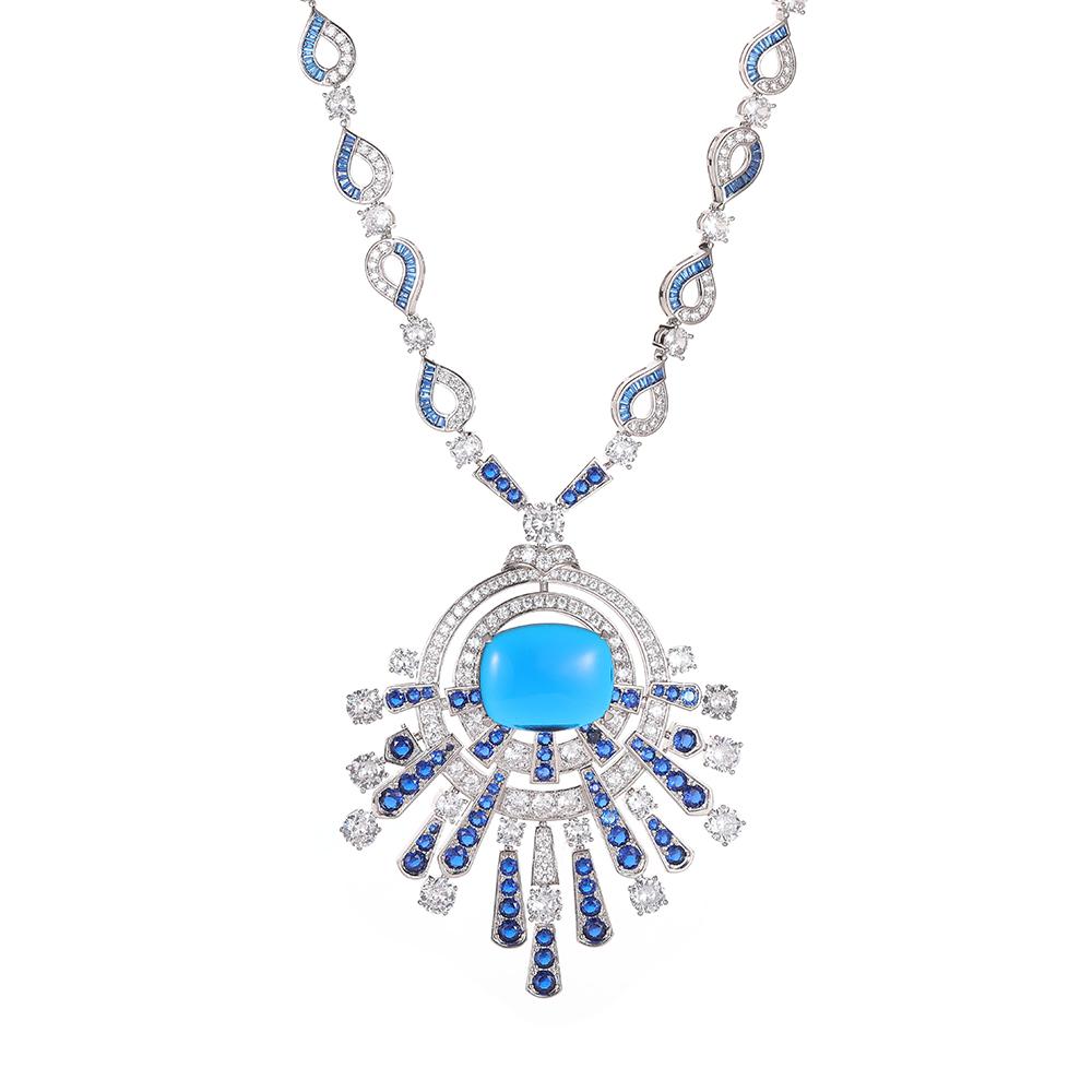 Blue Square Classic Luxury Platinum Plated Brass Zircon Sweater Chain Stylish Bohemian Style Necklace for Women Anniversary