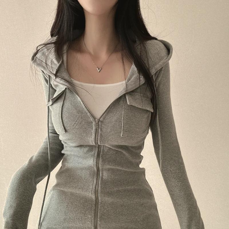 South Korea Chic Autumn French Pure Desire Sle Zip-up Double Pocket Slim Fit Slimming Long Sleeve Hoodie Dress Women