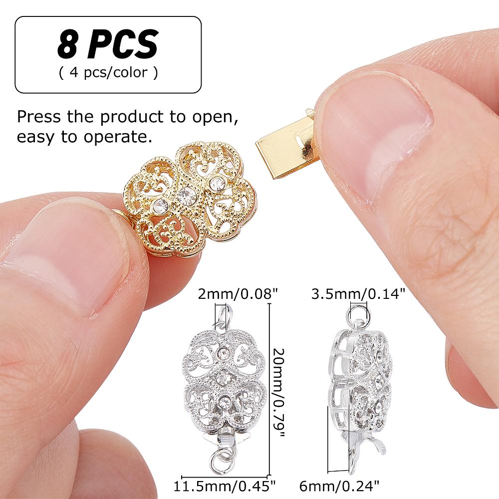 8Set 2 Colors Brass Rhinestone Box Clasps, Flower, Platinum & Golden, 20x11.5x6mm, Hole: 2mm, 4set/color