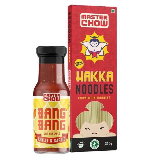 MasterChow Chilli Garlic Noodle Pack - Hakka Noodles (300G) + Chilli & Garlic Bang Bang 220G  | Serves 4-5 Meals, No Artificial Colours
