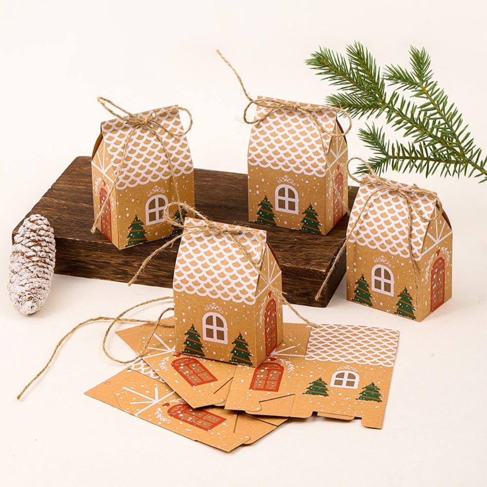 20Pcs Christmas Candy Boxes Bags Kraft Paper House Shape Gift Box Party Decor Portable Christmas Tree Pendant Christmas Eve Gift