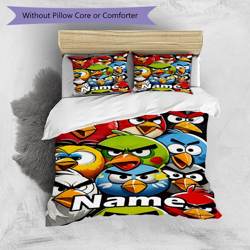 3pcs Duvet Cover Set (1*Duvet Cover + 2*Pillowcase, Without Core), Custom Name Angry Birds Pattern Bedding Set, Home Bedroom Decor Gift