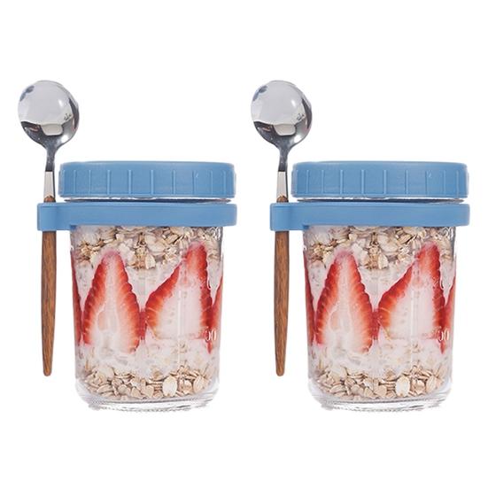 2 Pcs 350ML Oatmeal Cup Glass Overnight Oats Containers Airtight Breakfast Meal Prep Glass Container Yogurt Salad Cereal Jar with Lids and Spoons