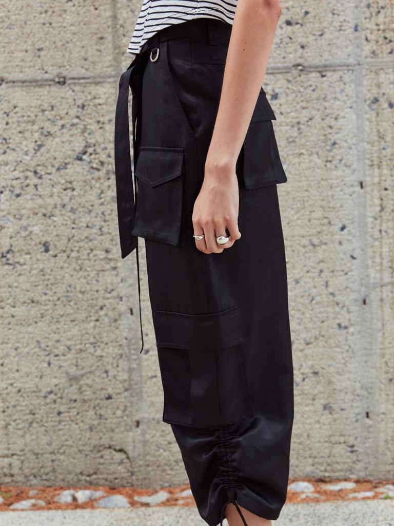Muse Lily Side String Belted Satin Cargo Long Skirt-Black