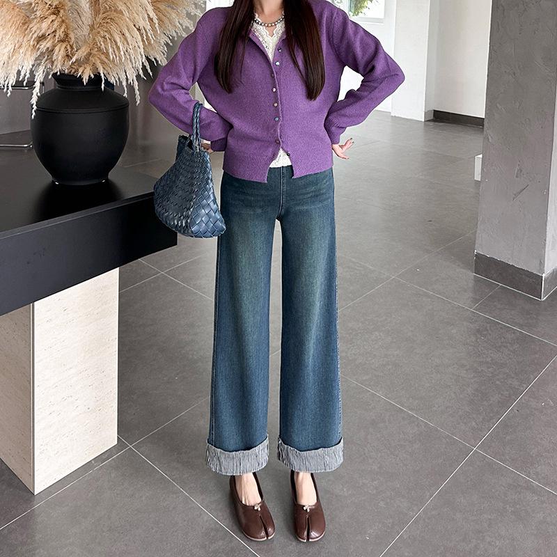 

Fashionable Maternity Wide-Leg Pants with Contrast Turn-Up Hem for Spring/Autumn - Drawstring, Slimming, Loose Fit. Large