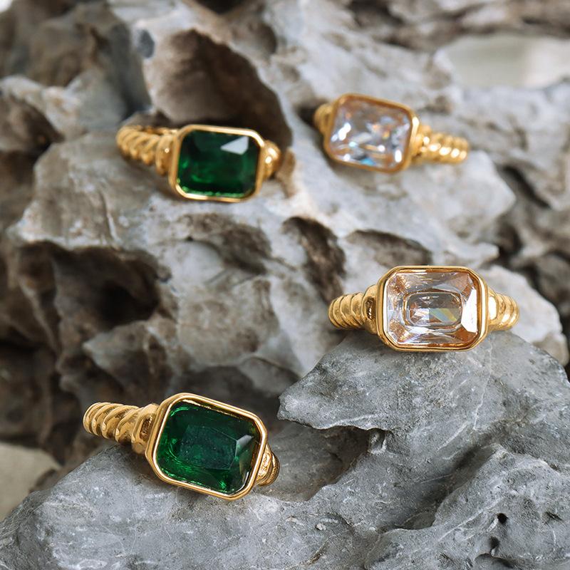 Vintage Stainless Steel Rings For Women 18k Gold Plated With Green Black Glass Stone Boho Women's Ring Luxury Woman Jewelry Gift