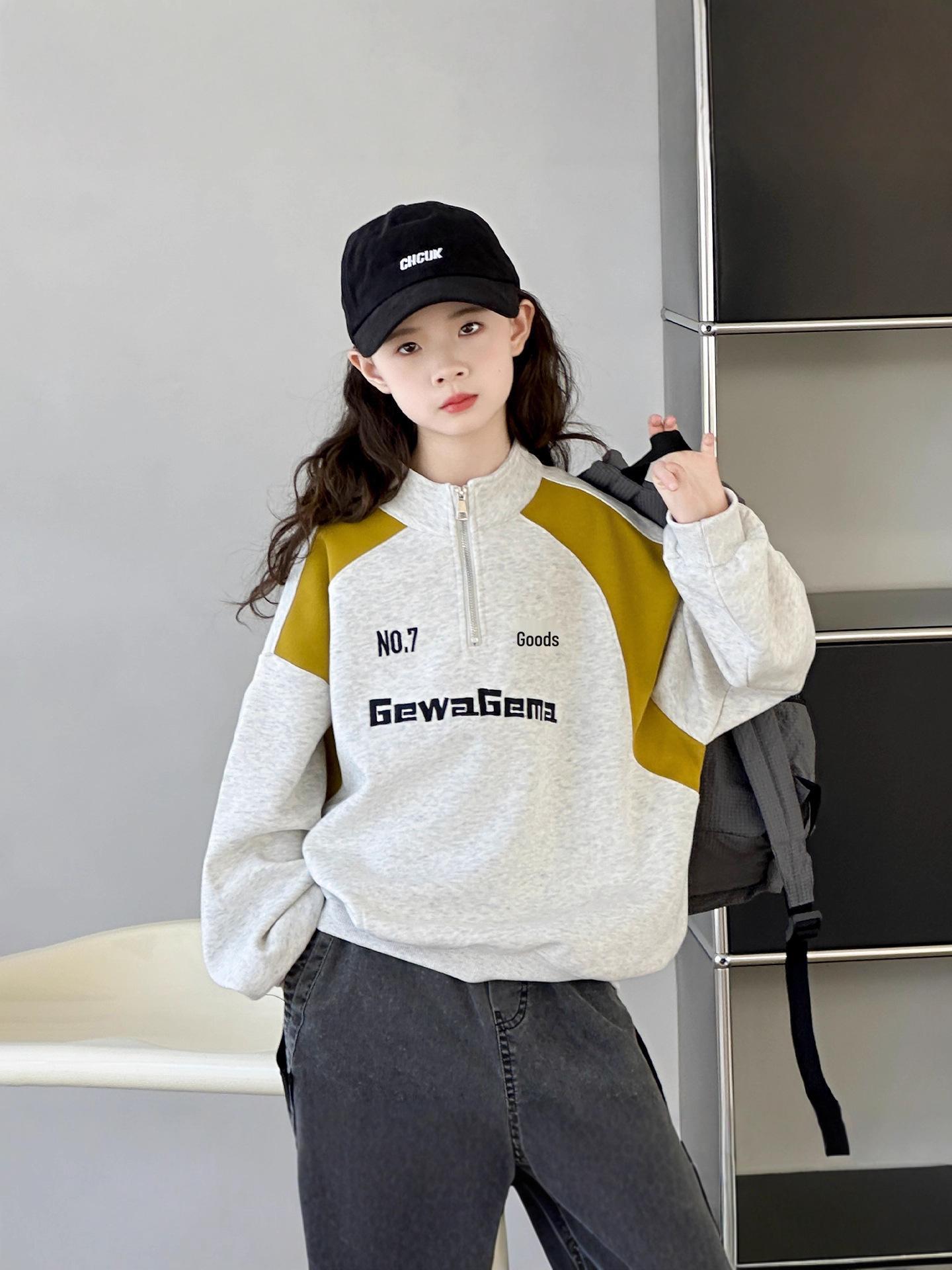 

2025 Толстовка в корейском стиле для девочек, пэчворк, колор-блок, на молнии до середины - модная и стильная для осени 140cm