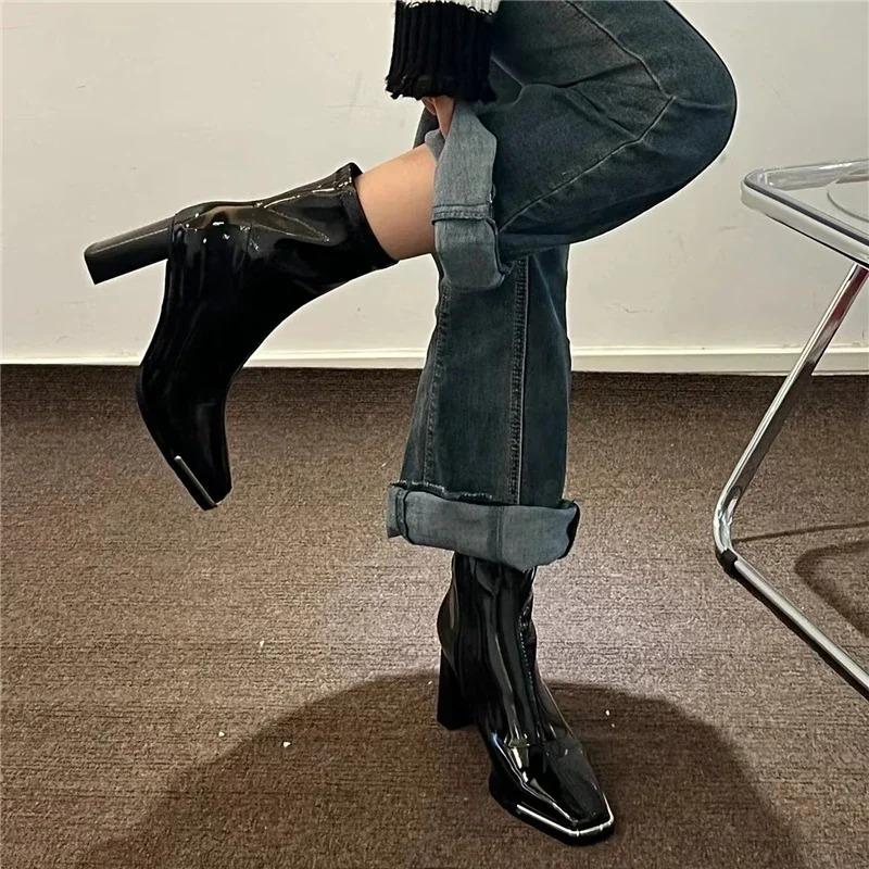 Women High Heeled Boots High Quality Patent Leather Ankle Boots Temperament Slim Fit Short Boot Luxury High Heel Leather Booties