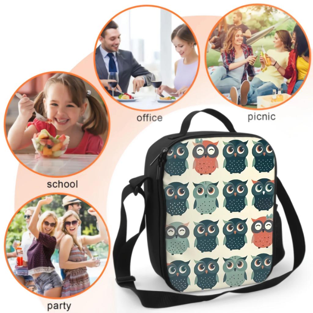 Colorful Funny Owls Insulated Lunch Box for Girls Boys Portable Lunch Bag with Adjustable Shoulder Strap and Side Pocket Durable