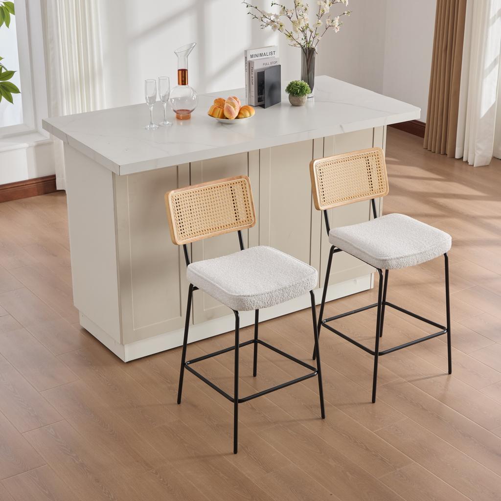 Moderner Barhocker im Hochglanz-Design, 2 Stühle pro Packung, Sitzfläche aus Chenille-Stoff, Rückenlehne mit Holzrahmen und Rattangeflecht-Optik, Metallbeine.-Elfenbein