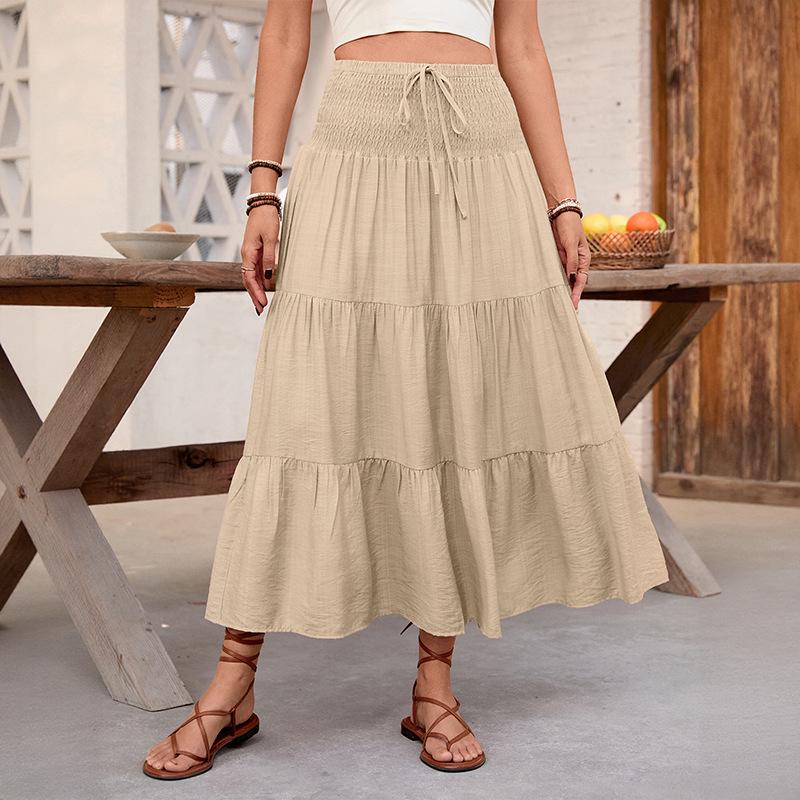 Summer 2025 Europe Cross-border Casual Long Elastic Waist Skirt with Drawstring Small хаки