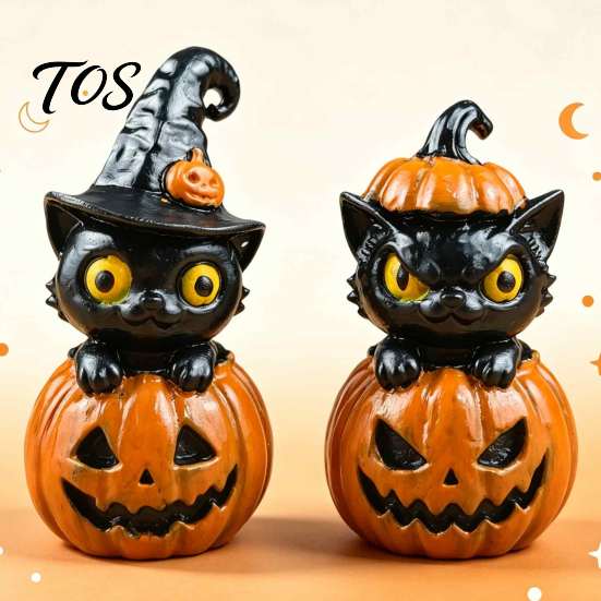 Decorative Desktop Sculptures Halloween Black Cat & Pumpkin Resin Ornaments, Cute Figurines, Artistic Craft Collectibles Cartoon And Statue