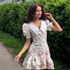 French V-neck Bubble Sleeve Dress, European and American Summer Waist Print Short Dress, Ruffle Leaf Edge Dress