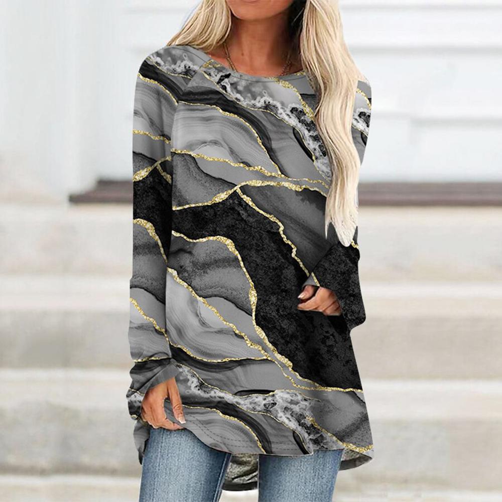 

Літній жіночий топ Футболка з абстрактним малюнком у смужку, друком, дозвіллям, відпусткою, повсякденністю, домашнім, довгим рукавом, круглим вирізом, базовим 5XL