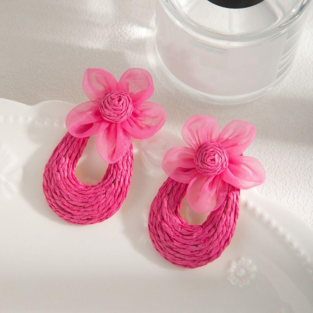 Boucles d'oreilles crochet tissage de paille en forme de U piercing plage boucles d'oreilles pendantes boucles d'oreilles fleur en maille cadeau pour filles